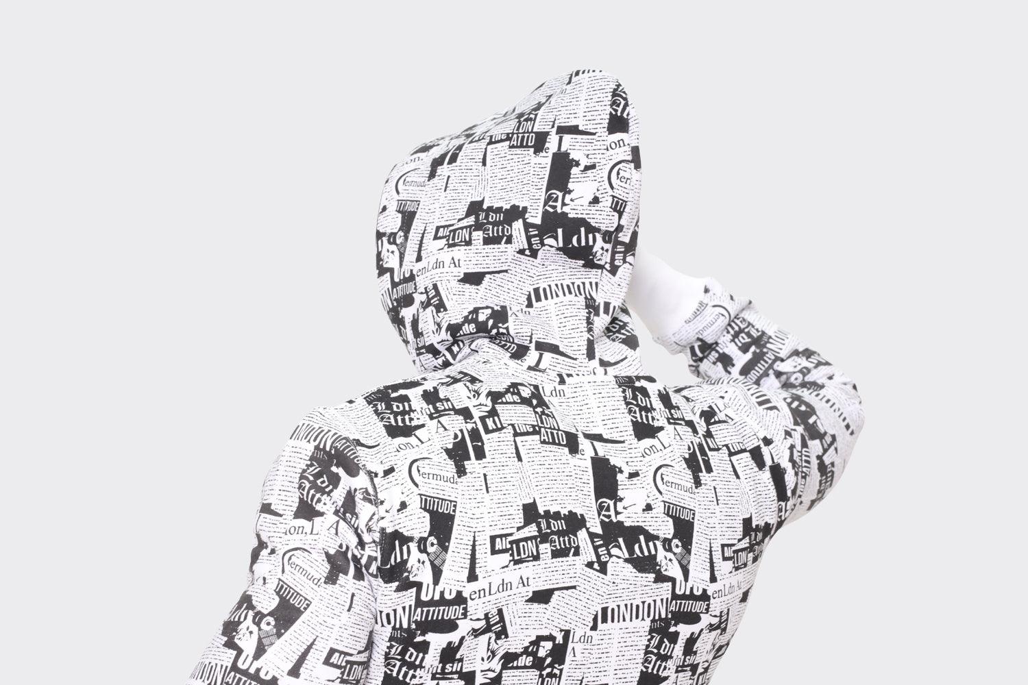 London Attitude Men's Black and White All-Over Graphic Print Hoodie - London Attitude
