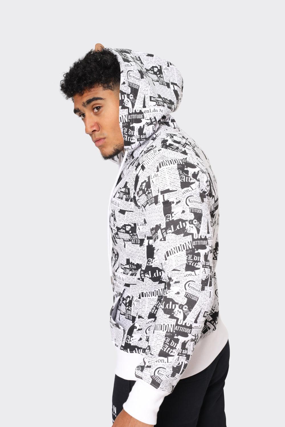 London Attitude Men's Black and White All-Over Graphic Print Hoodie - London Attitude
