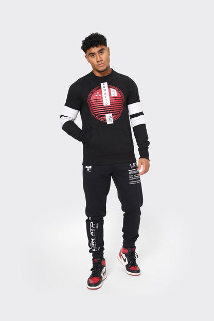 Men's Black Crewneck Sweatshirt with Red Graphic Print and White Sleeve Stripes - London Attitude