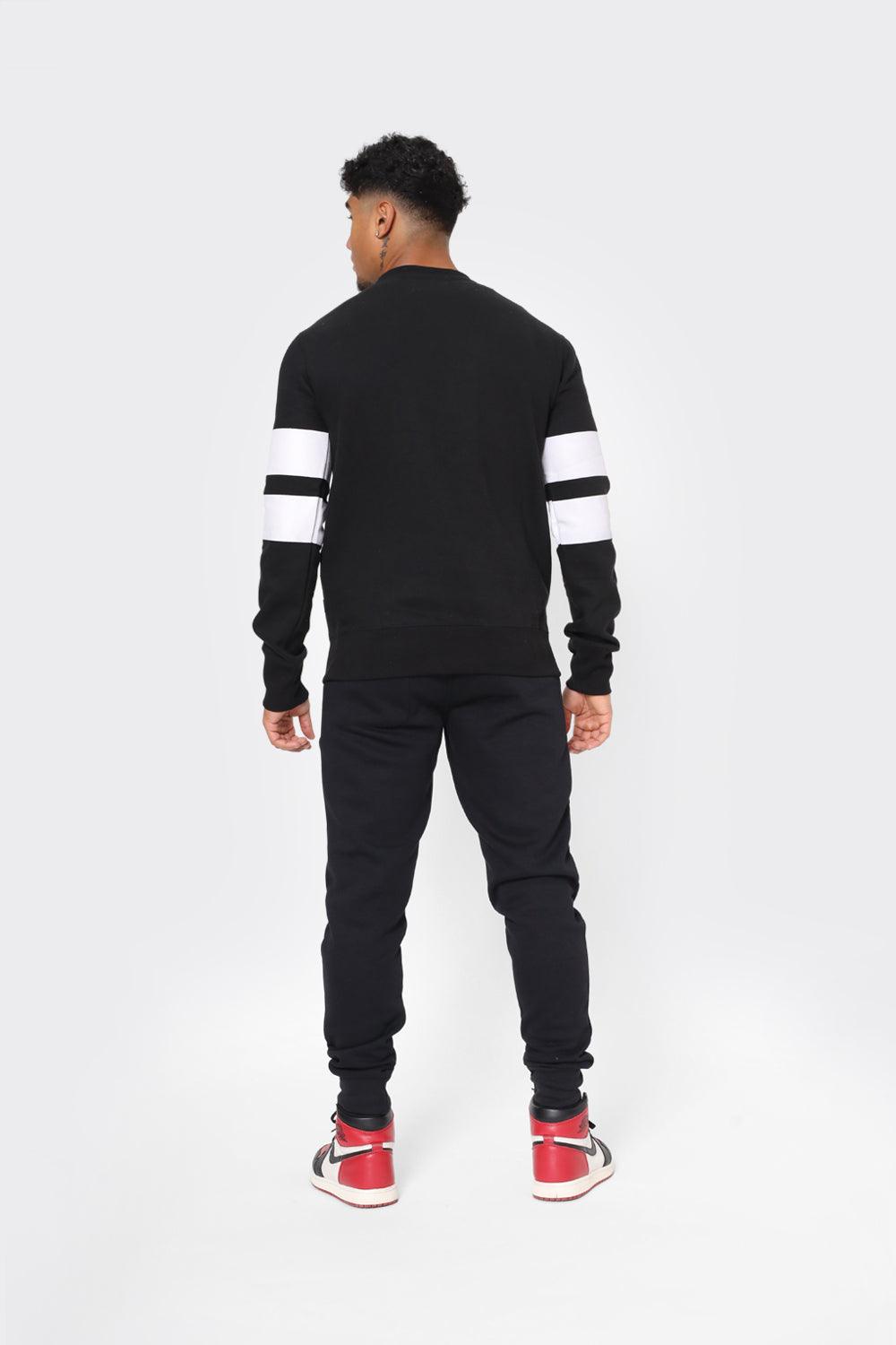 Men's Black Crewneck Sweatshirt with Red Graphic Print and White Sleeve Stripes - London Attitude
