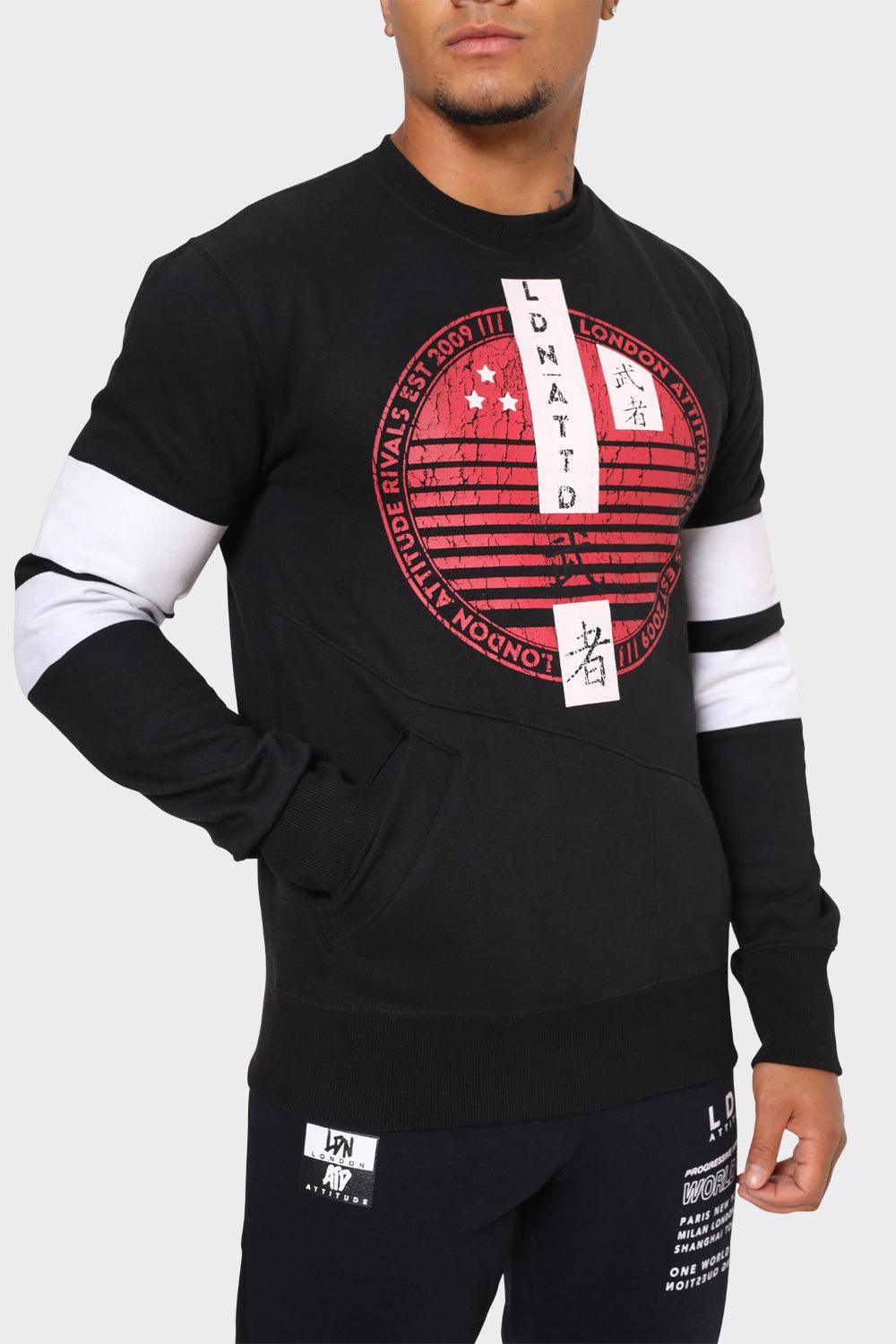 Men's Black Crewneck Sweatshirt with Red Graphic Print and White Sleeve Stripes - London Attitude