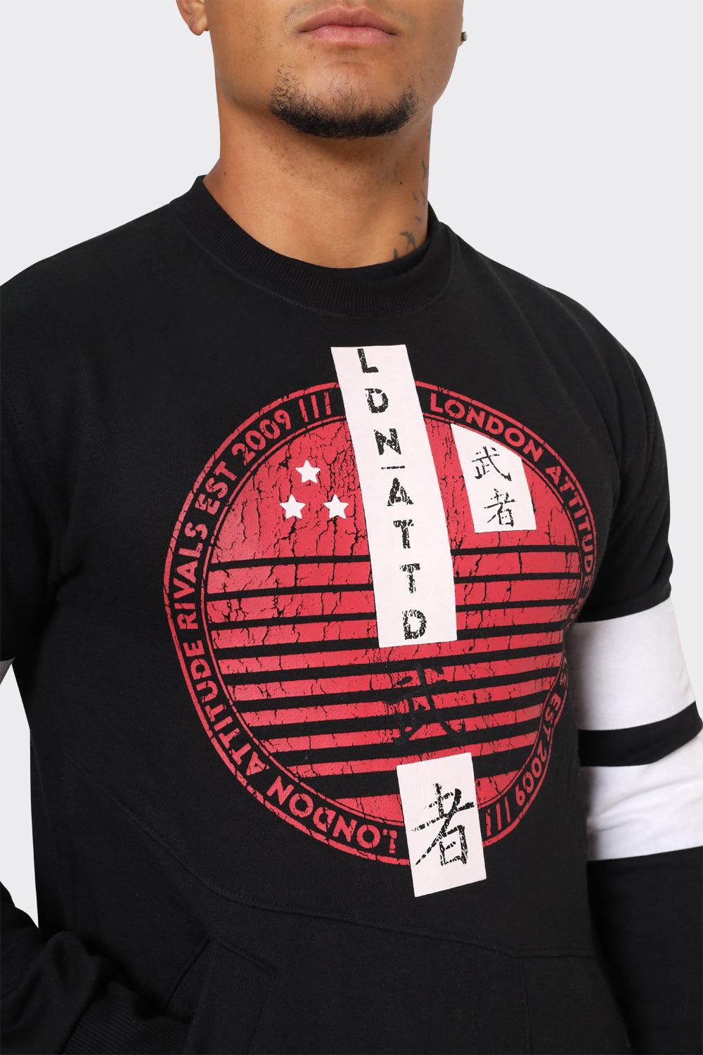 Men's Black Crewneck Sweatshirt with Red Graphic Print and White Sleeve Stripes - London Attitude