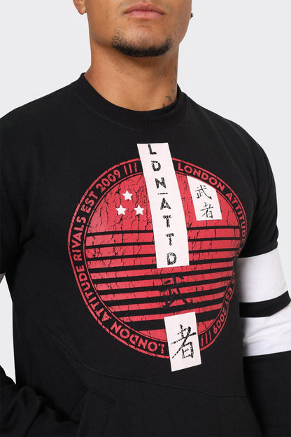Men's Black Crewneck Sweatshirt with Red Graphic Print and White Sleeve Stripes - London Attitude