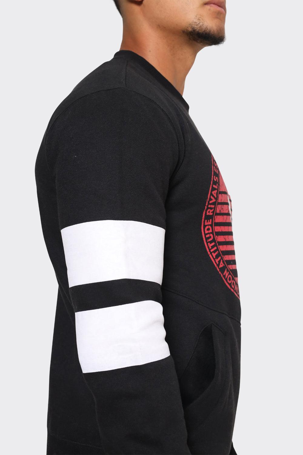 Men's Black Crewneck Sweatshirt with Red Graphic Print and White Sleeve Stripes - London Attitude