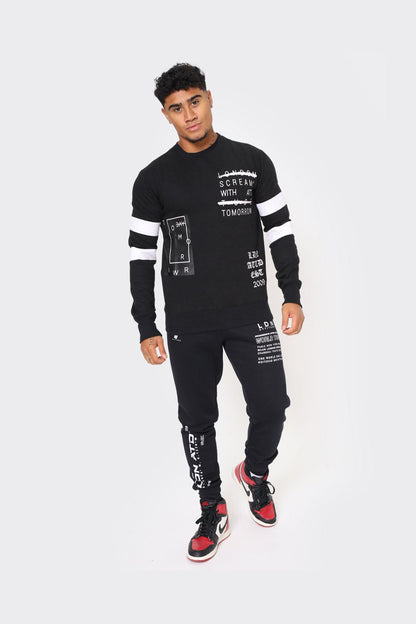 Men's Black London Attitude Crewneck Sweatshirt with White Graphic Print and Sleeve Stripes - London Attitude