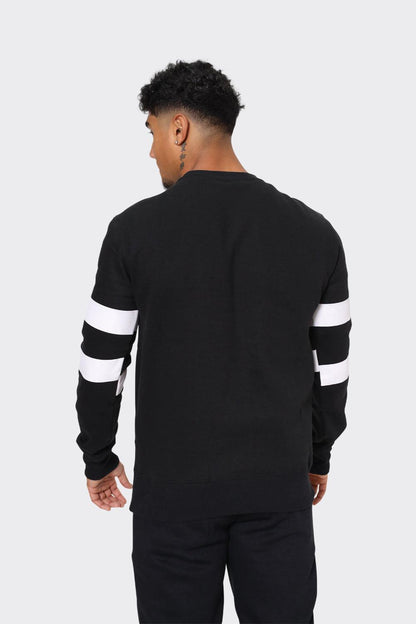 Men's Black London Attitude Crewneck Sweatshirt with White Graphic Print and Sleeve Stripes - London Attitude
