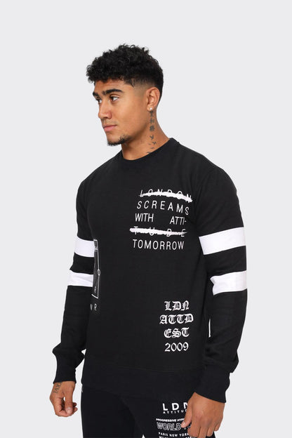 Men's Black London Attitude Crewneck Sweatshirt with White Graphic Print and Sleeve Stripes - London Attitude
