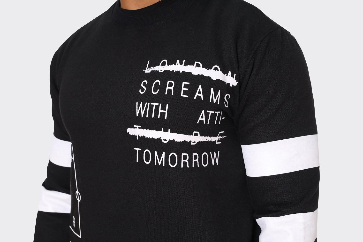 Men's Black London Attitude Crewneck Sweatshirt with White Graphic Print and Sleeve Stripes - London Attitude