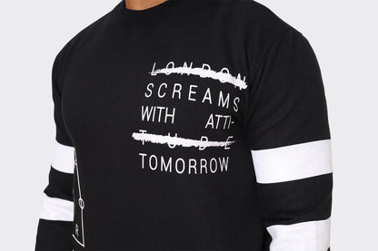 Men's Black London Attitude Crewneck Sweatshirt with White Graphic Print and Sleeve Stripes - London Attitude