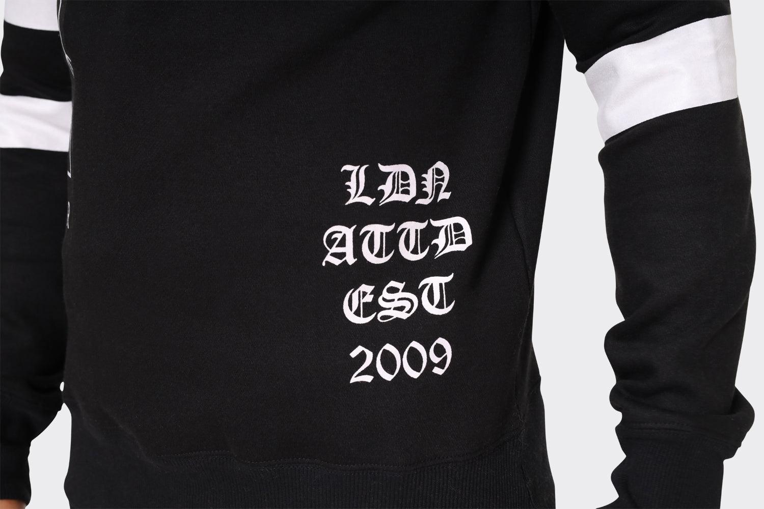 Men's Black London Attitude Crewneck Sweatshirt with White Graphic Print and Sleeve Stripes - London Attitude