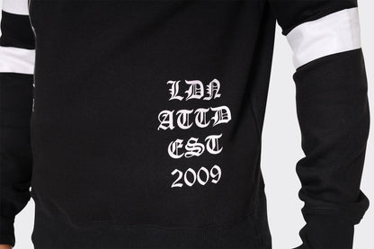 Men's Black London Attitude Crewneck Sweatshirt with White Graphic Print and Sleeve Stripes - London Attitude