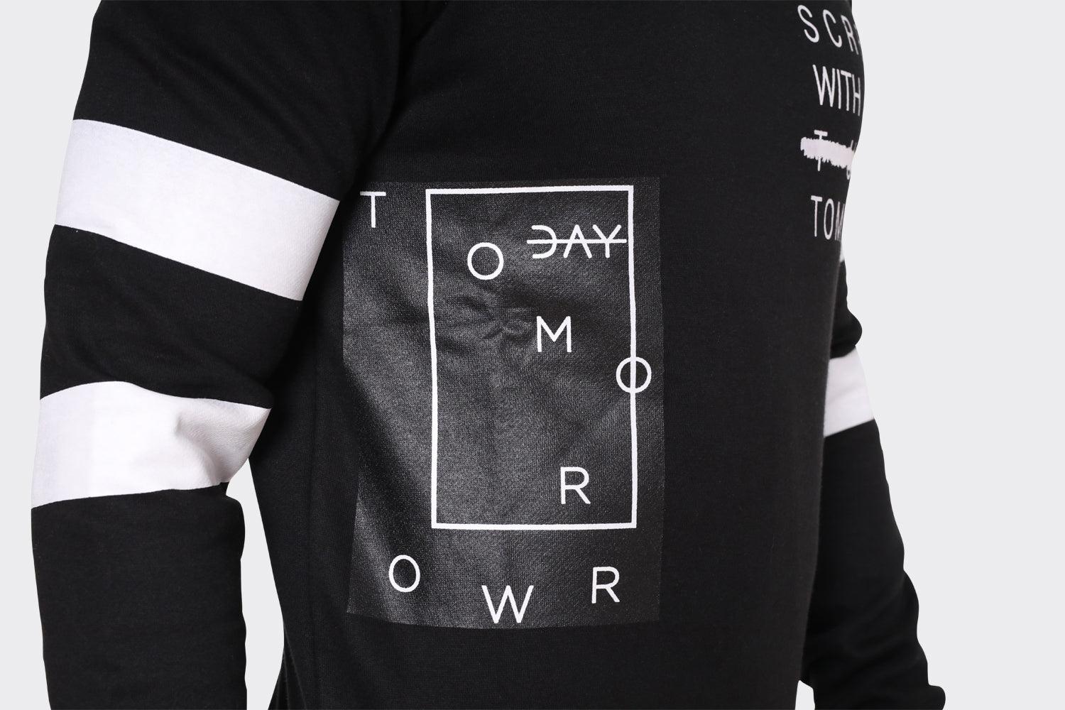 Men's Black London Attitude Crewneck Sweatshirt with White Graphic Print and Sleeve Stripes - London Attitude