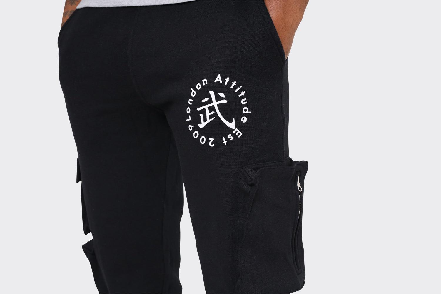 Men's Black Cargo Joggers with London Attitude Graphic and Zipper Pockets - London Attitude