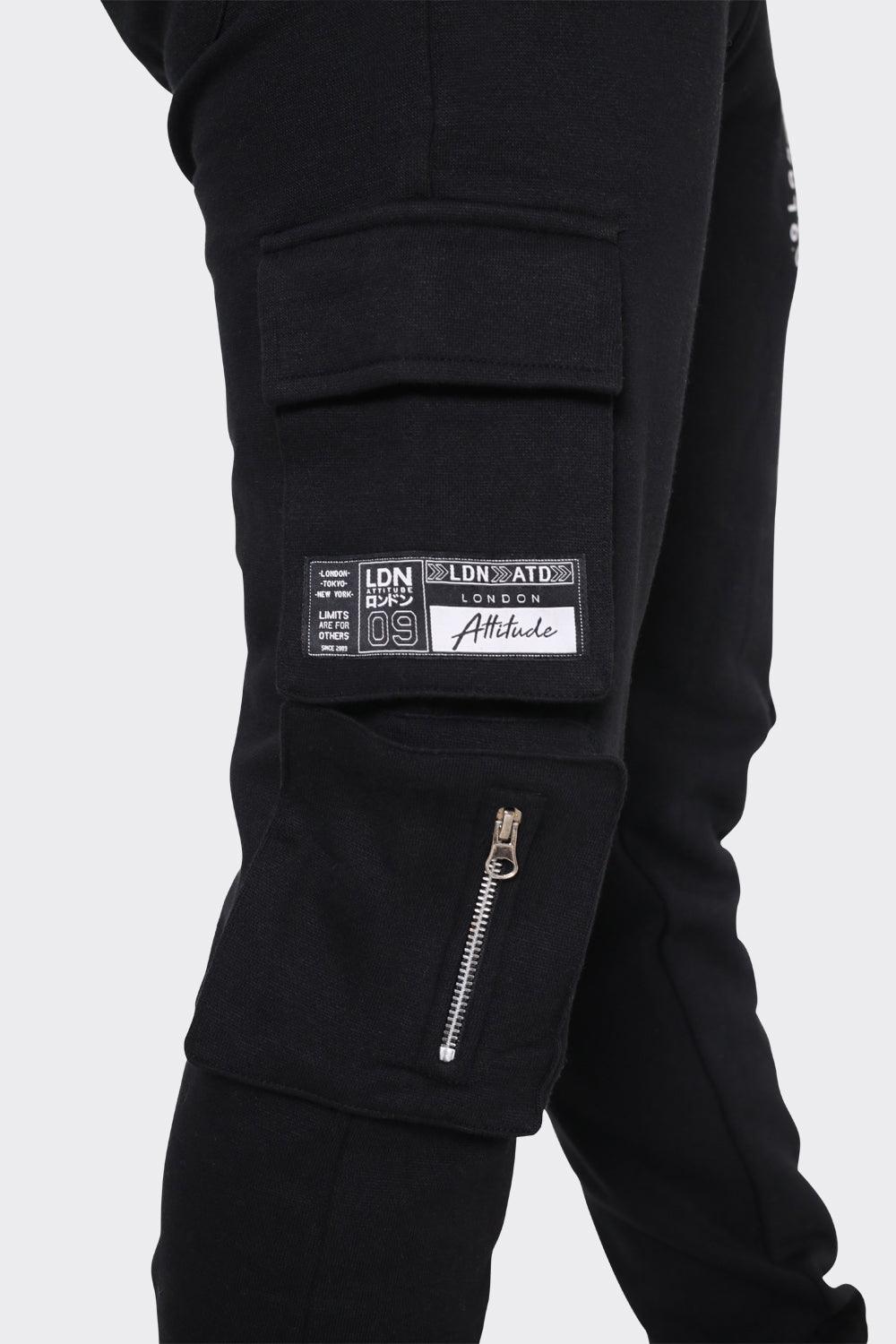 Men's Black Cargo Joggers with London Attitude Graphic and Zipper Pockets - London Attitude