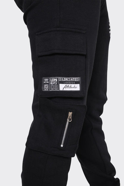Men's Black Cargo Joggers with London Attitude Graphic and Zipper Pockets - London Attitude