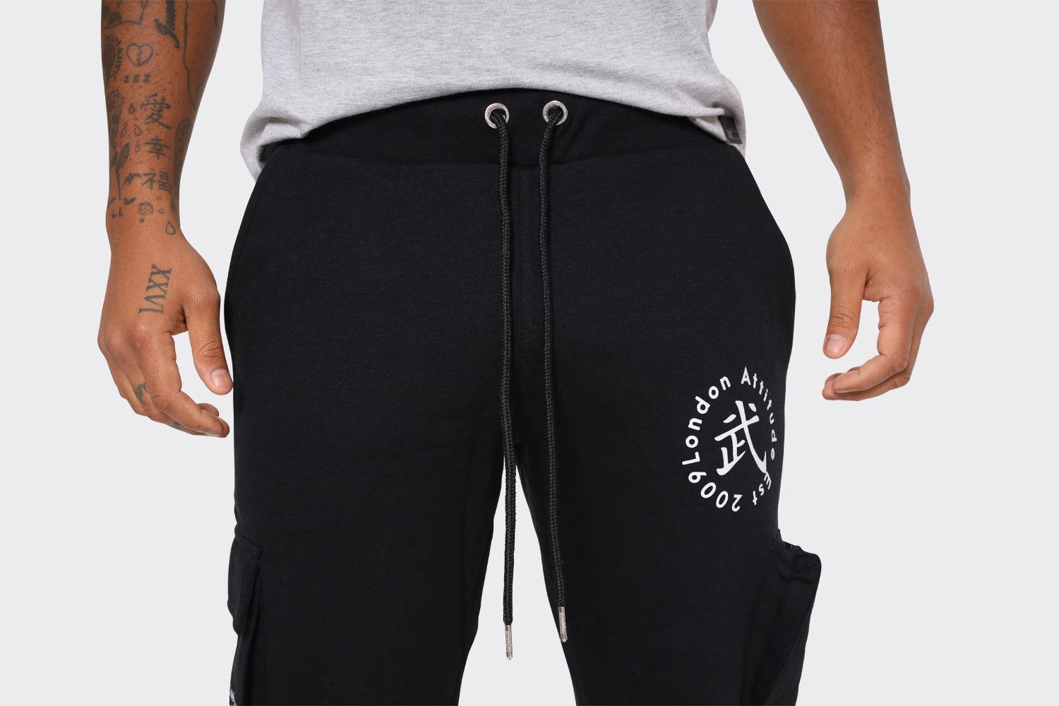 Men's Black Cargo Joggers with London Attitude Graphic and Zipper Pockets - London Attitude