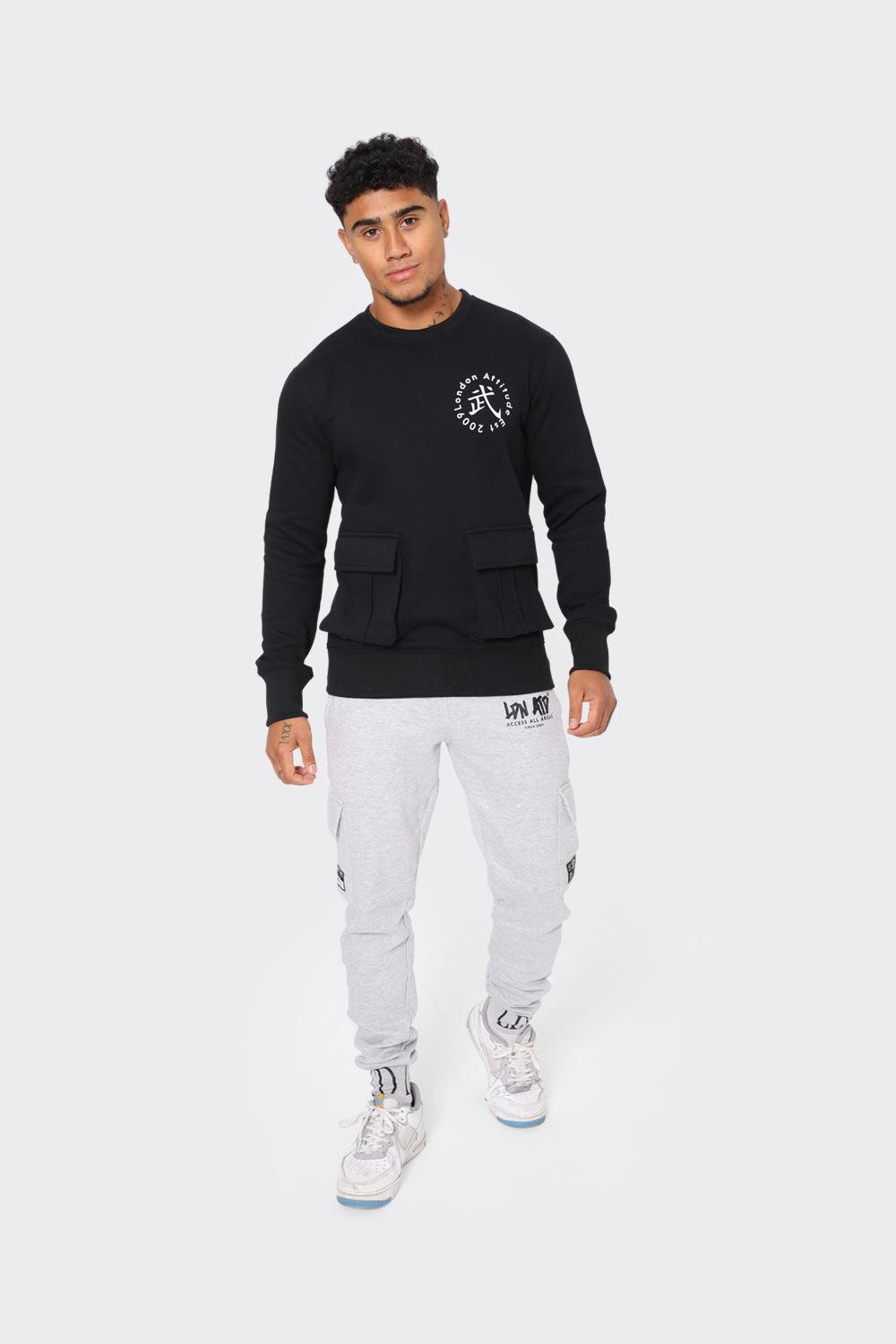 Men's Black London Attitude Crewneck Sweatshirt with Cargo Pockets - London Attitude