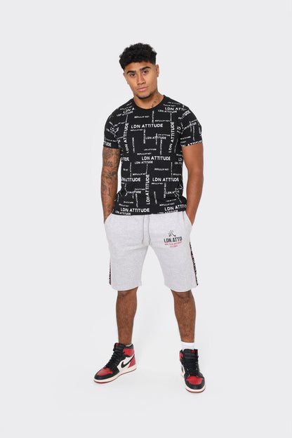 Mens Grey Athletic Shorts with Side Stripe and Bold LDN ATTD Print - London Attitude