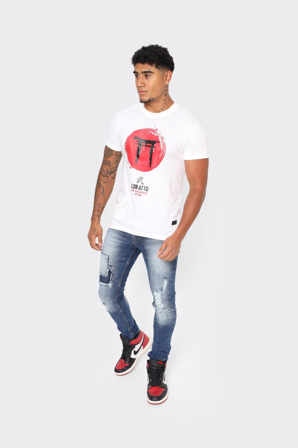 LDN ATTD White T-Shirt with Red Torii Gate Graphic - London Attitude