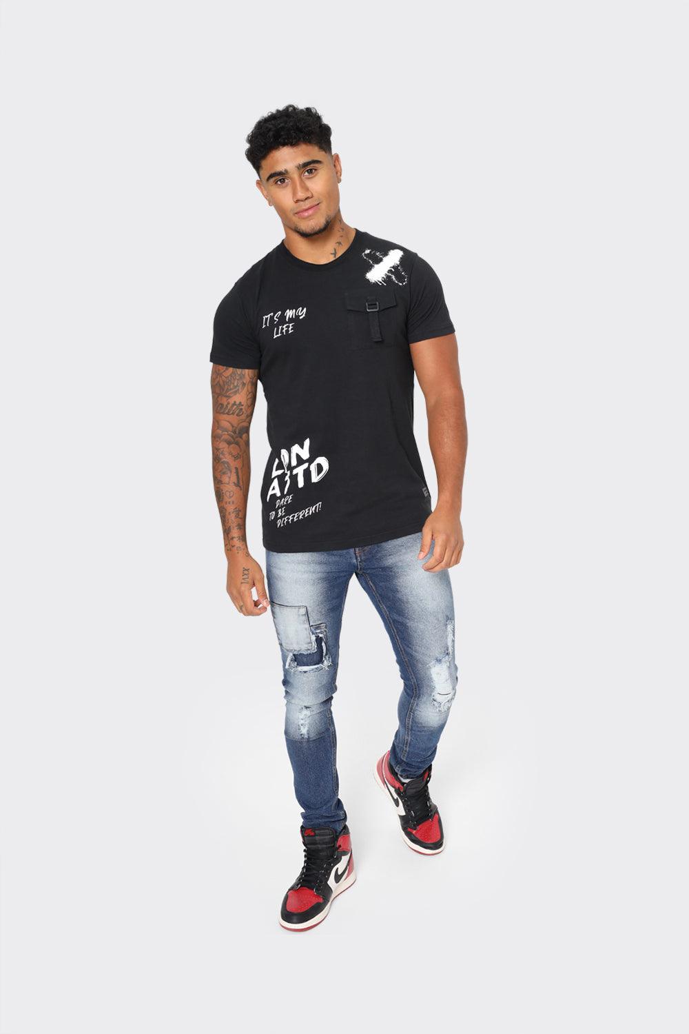 Men's Black T-Shirt with Chest Buckle Pocket and Text Print - London Attitude