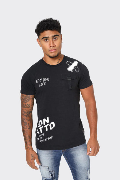 Men's Black T-Shirt with Chest Buckle Pocket and Text Print - London Attitude