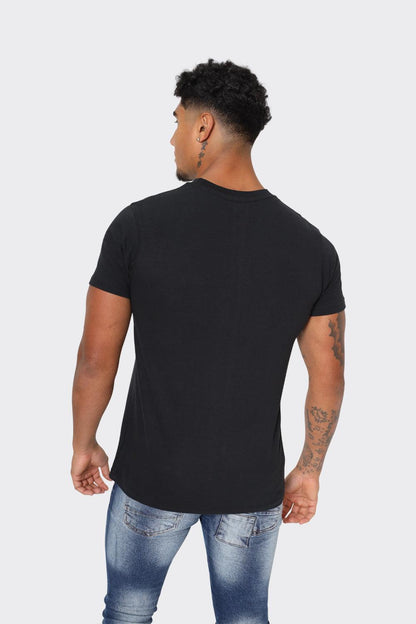 Men's Black T-Shirt with Chest Buckle Pocket and Text Print - London Attitude