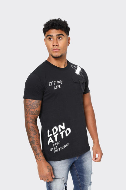 Men's Black T-Shirt with Chest Buckle Pocket and Text Print - London Attitude