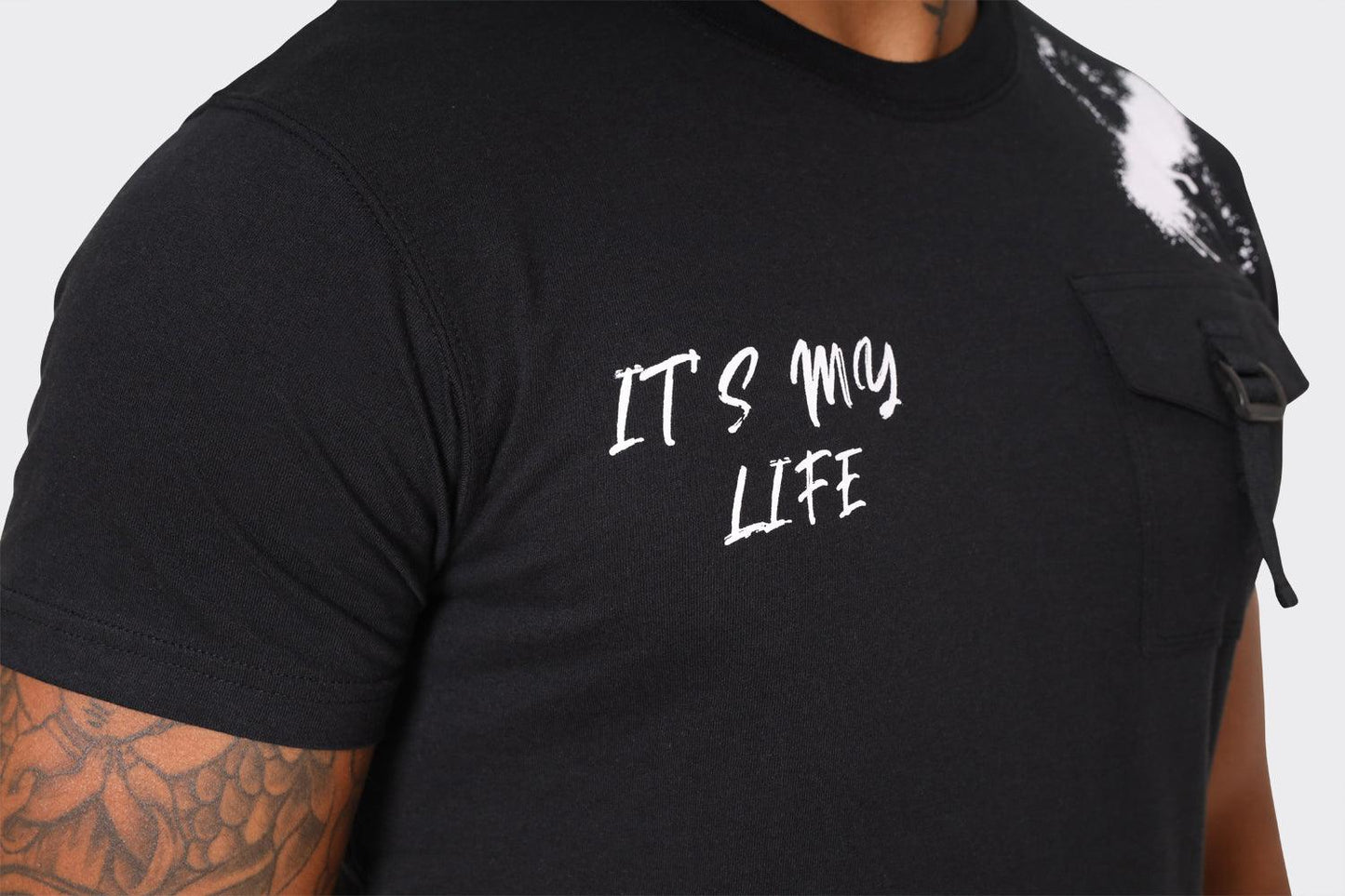 Men's Black T-Shirt with Chest Buckle Pocket and Text Print - London Attitude