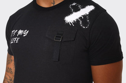 Men's Black T-Shirt with Chest Buckle Pocket and Text Print - London Attitude