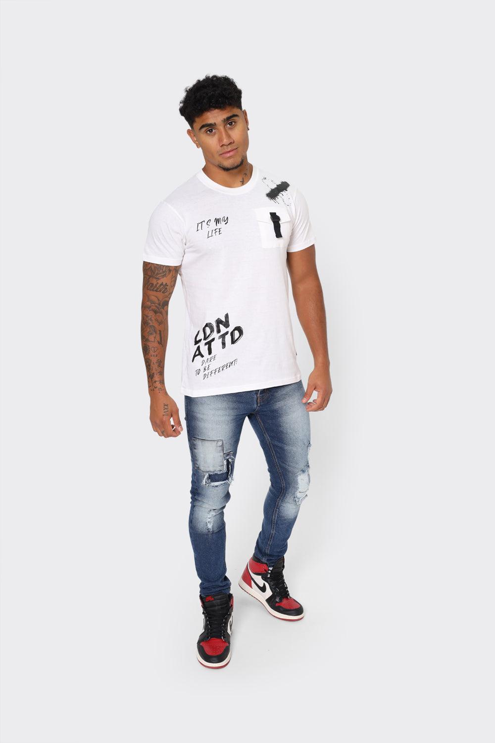 Men's White T-Shirt with Chest Buckle Pocket and Text Print - London Attitude