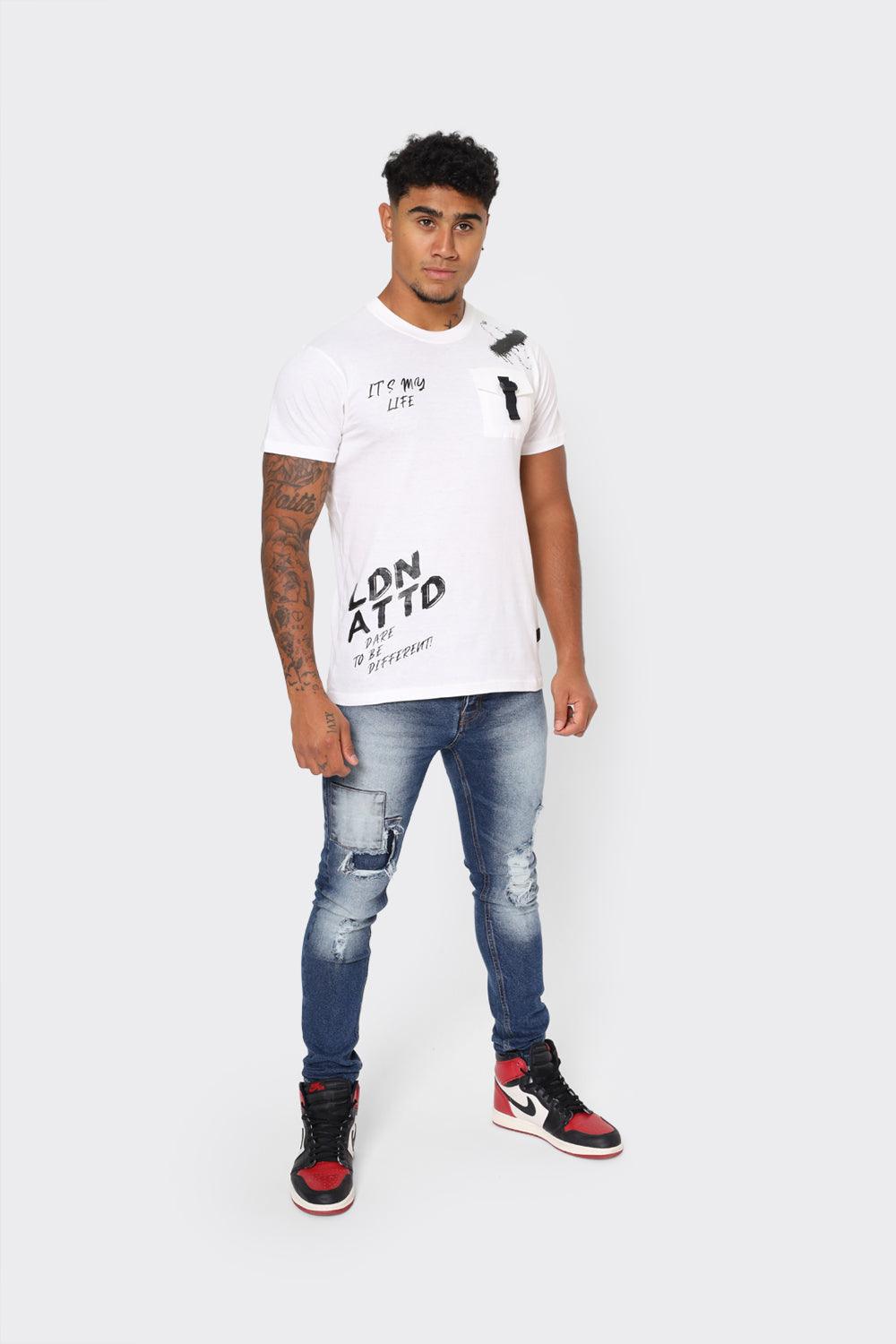 Men's White T-Shirt with Chest Buckle Pocket and Text Print - London Attitude