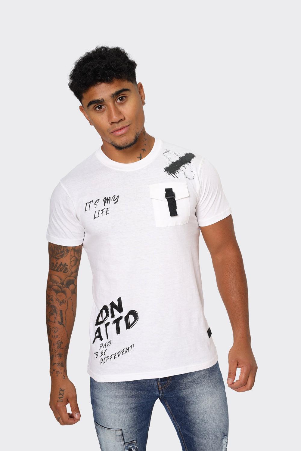 Men's White T-Shirt with Chest Buckle Pocket and Text Print - London Attitude