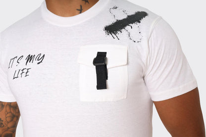 Men's White T-Shirt with Chest Buckle Pocket and Text Print - London Attitude