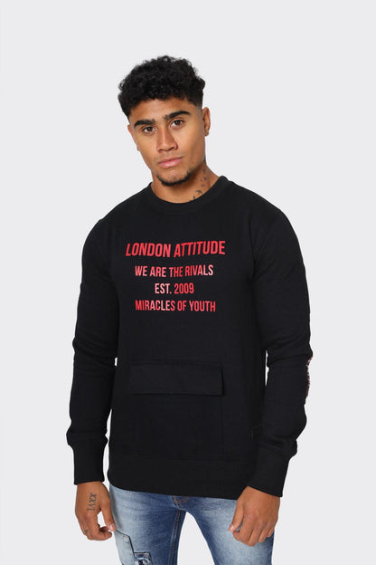 Men's Black London Attitude Graphic Sweatshirt with Sleeve Tape - London Attitude