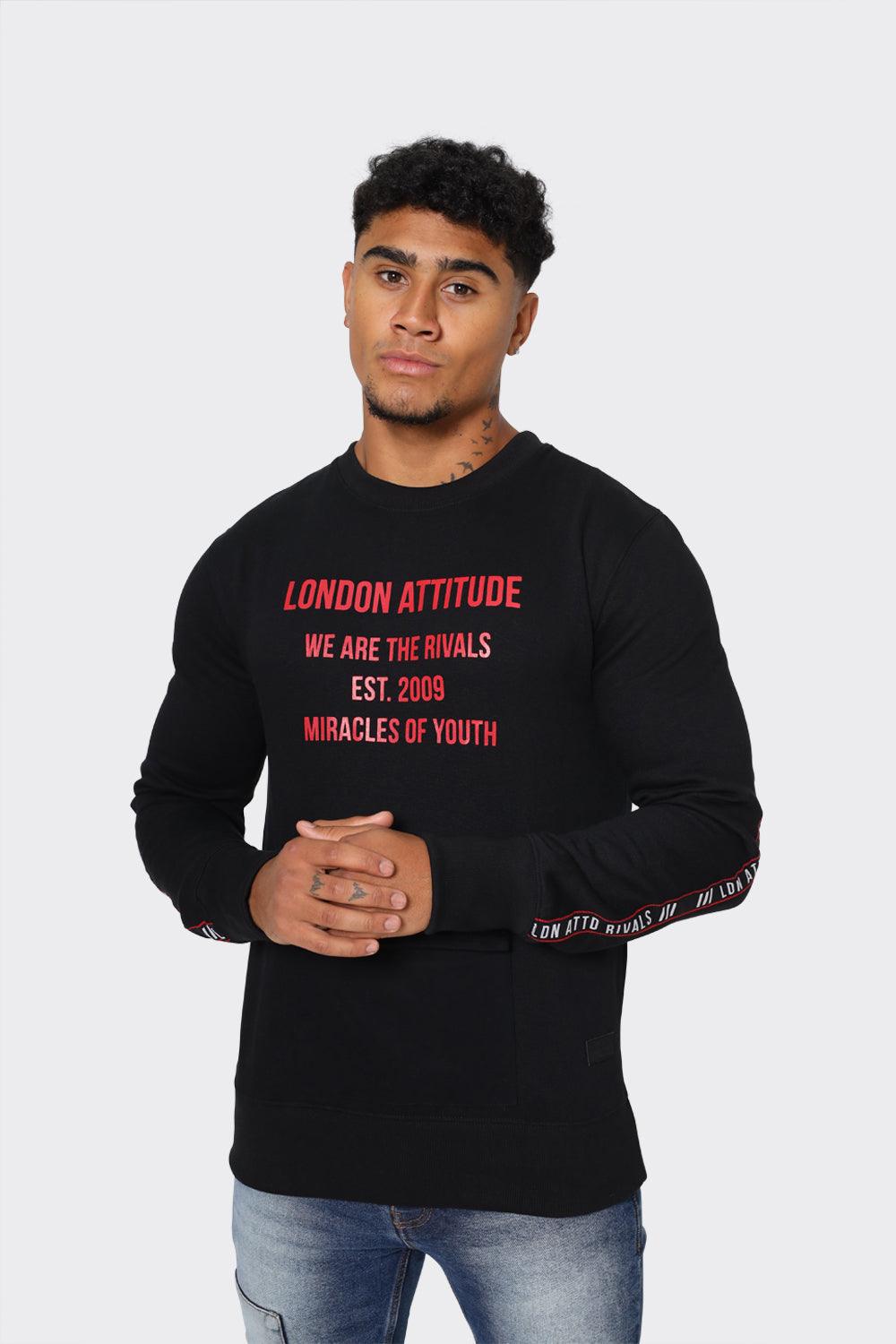 Men's Black London Attitude Graphic Sweatshirt with Sleeve Tape - London Attitude