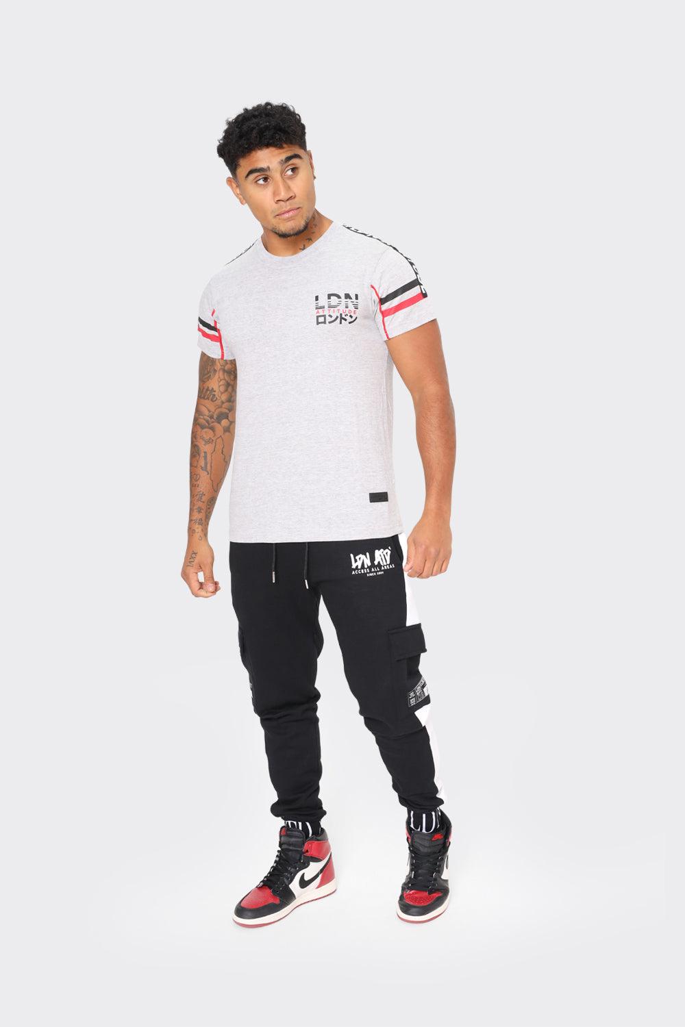 Men's LDN Attitude Graphic T-Shirts in Light Grey with Black and Red Stripes - London Attitude