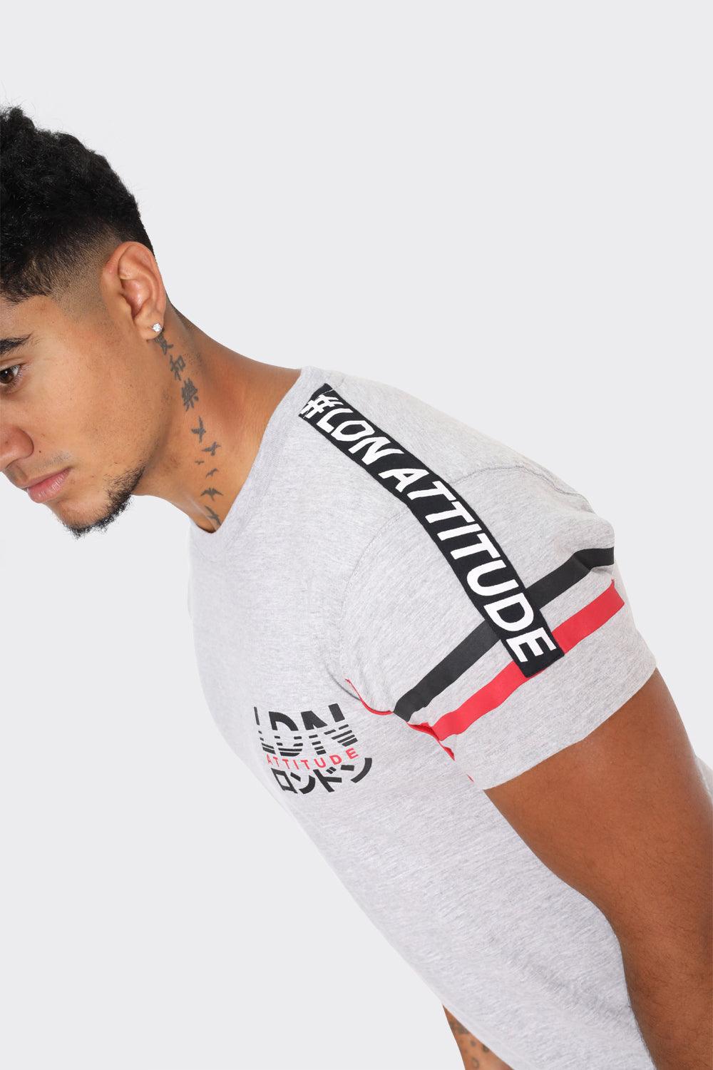 Men's LDN Attitude Graphic T-Shirts in Light Grey with Black and Red Stripes - London Attitude