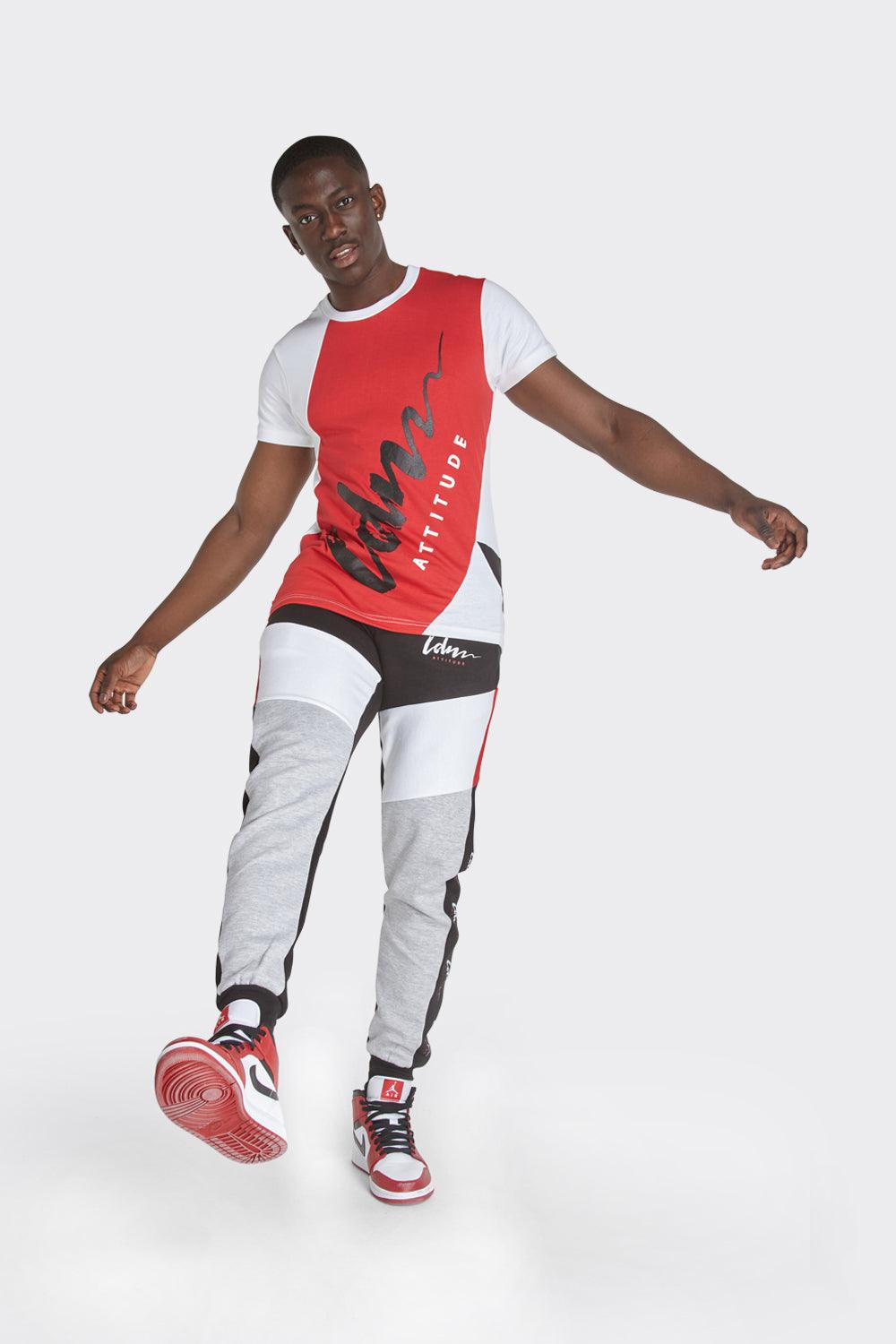 Men's Colour Block Joggers in Red, Grey & Black - London Attitude