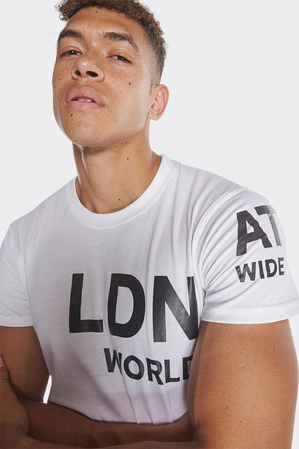 LDN World Wide Men's T-Shirt - White with Bold Black Print - London Attitude