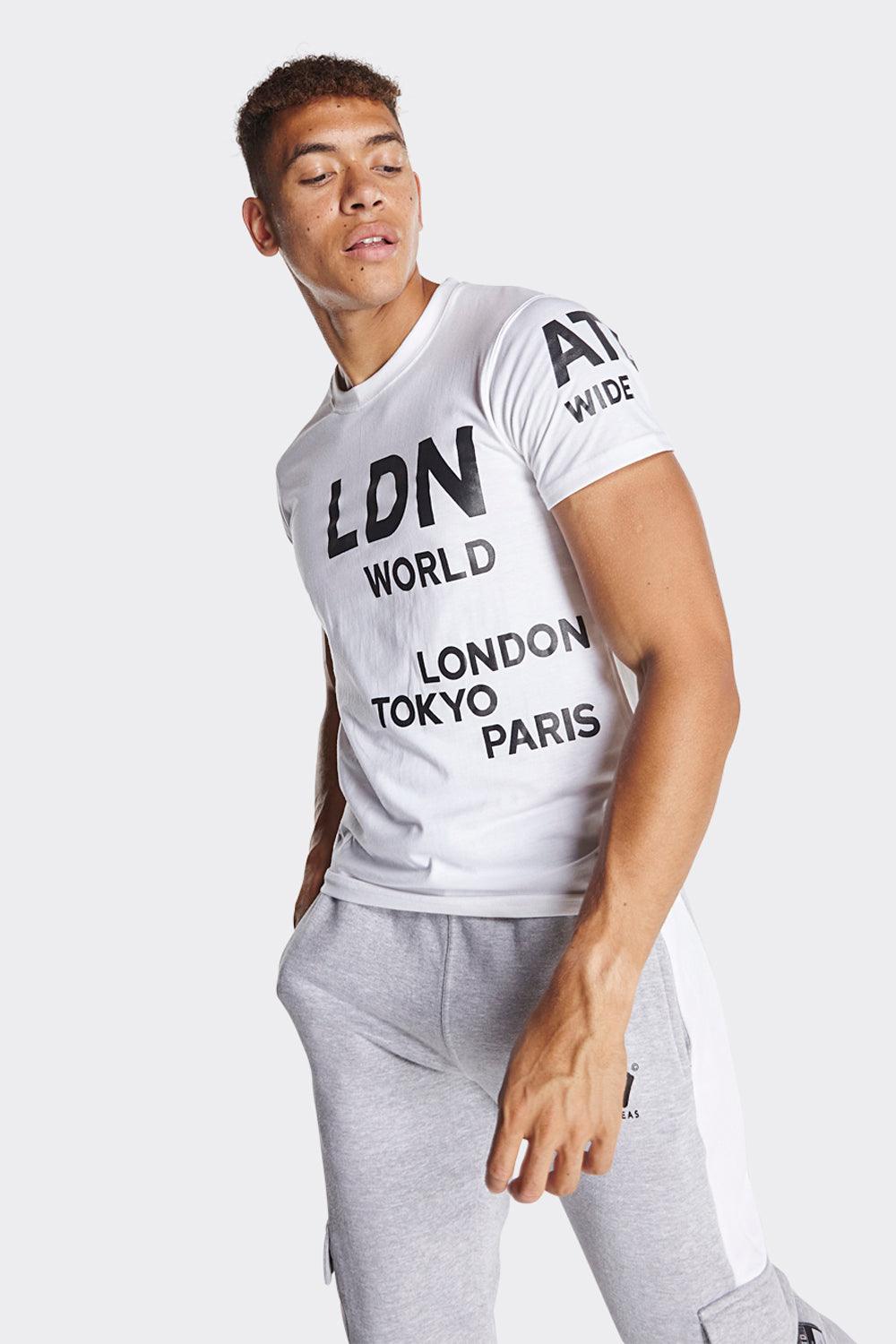 LDN World Wide Men's T-Shirt - White with Bold Black Print - London Attitude