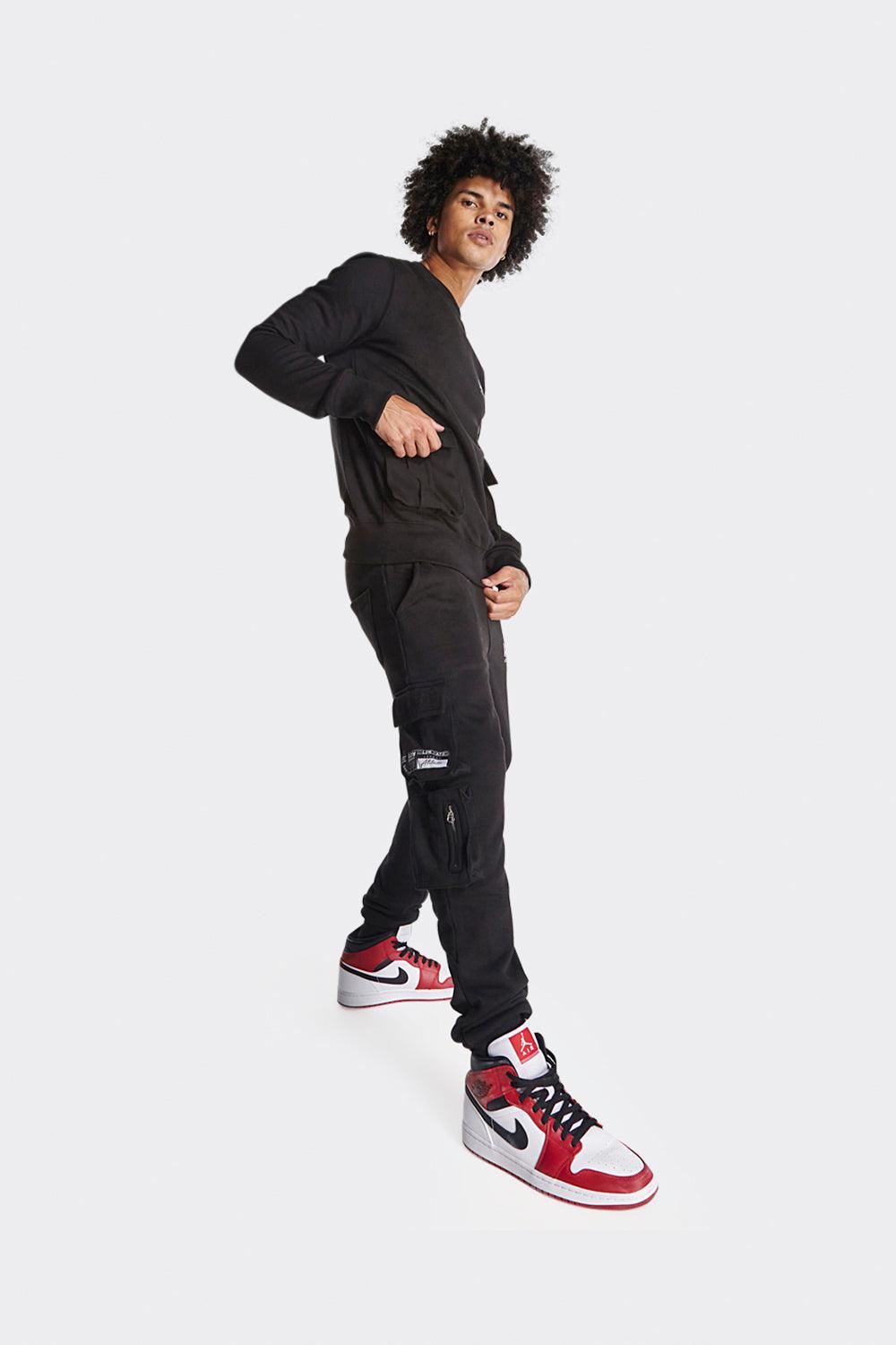 Men's Black Cargo Joggers with London Attitude Graphic and Zipper Pockets - London Attitude