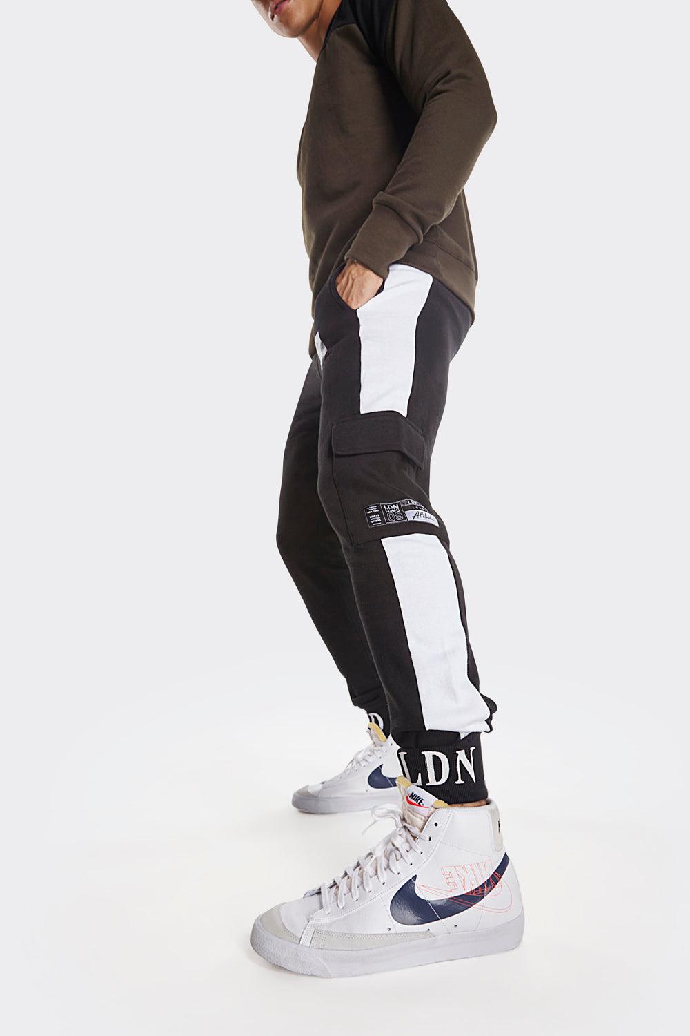 Men's Black and White Stripe Cargo Joggers with LDN ATD Cuffs - London Attitude