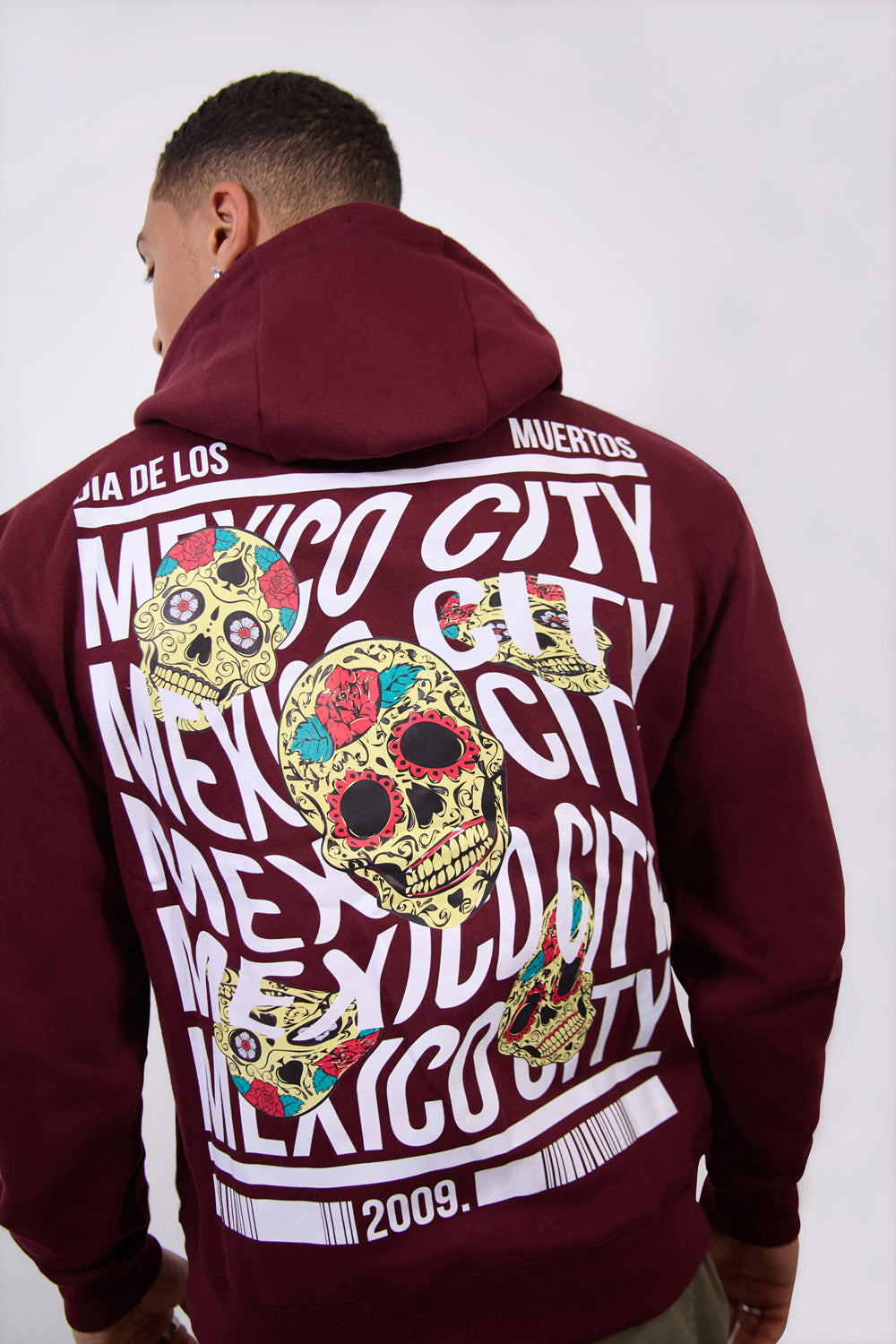 Burgundy Mexico City Dia De Los Muertos Skull Relax Fit Hoodie - London Attitude