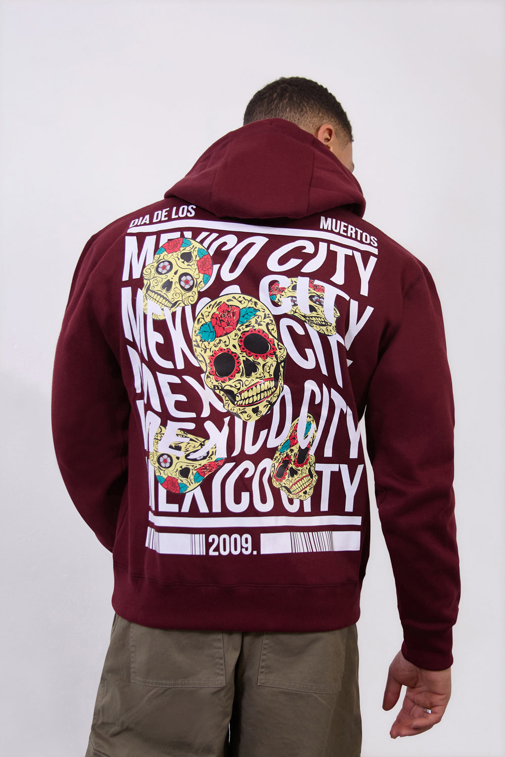 Burgundy Mexico City Dia De Los Muertos Skull Relax Fit Hoodie - London Attitude
