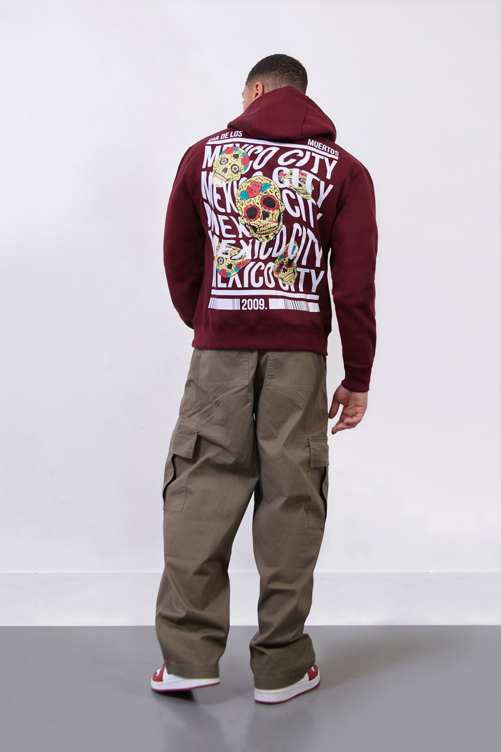 Burgundy Mexico City Dia De Los Muertos Skull Relax Fit Hoodie - London Attitude