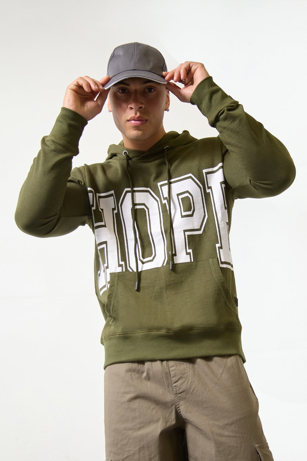 Olive Green “HOPE” Print Regular Fit Hoodie - London Attitude