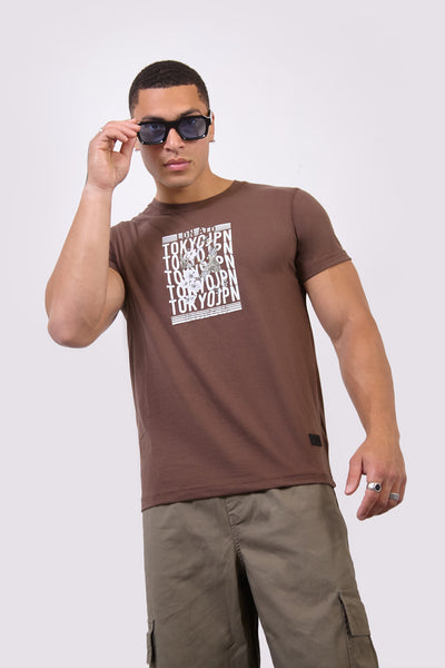 Brown Crew Neck Tokyo Japan Graphic Regular Fit T-Shirt