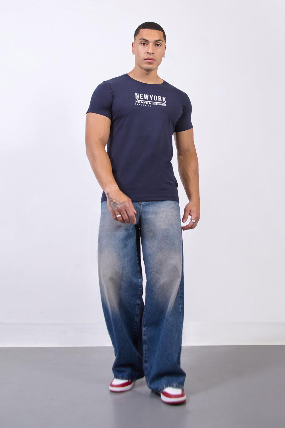 Navy “New York Worldwide” Floral  T-Shirt - London Attitude