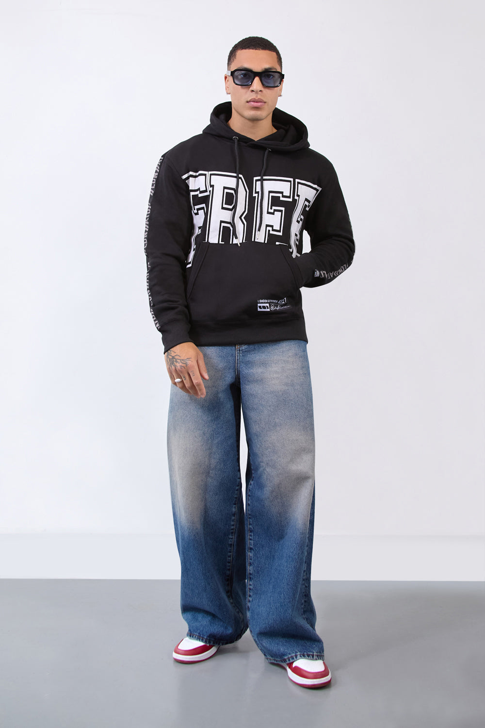 Relax Fit Black Hoodie with Bold FREE Print & Sleeve Branding - London Attitude