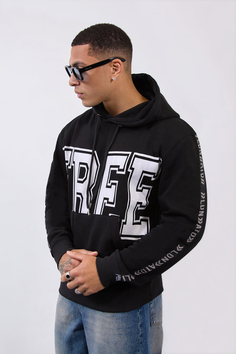 Relax Fit Black Hoodie with Bold FREE Print & Sleeve Branding - London Attitude